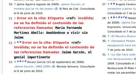 Mensajes de error en las referencias del artículo de Wikipedia de Jaime Garzón