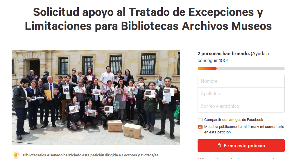 Solicitud apoyo al Tratado de Excepciones y Limitaciones para Bibliotecas Archivos Museos desde Colombia