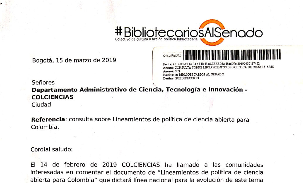 Comentarios de #BibliotecariosAlSenado sobre los lineamientos de política de ciencia abierta en Colombia