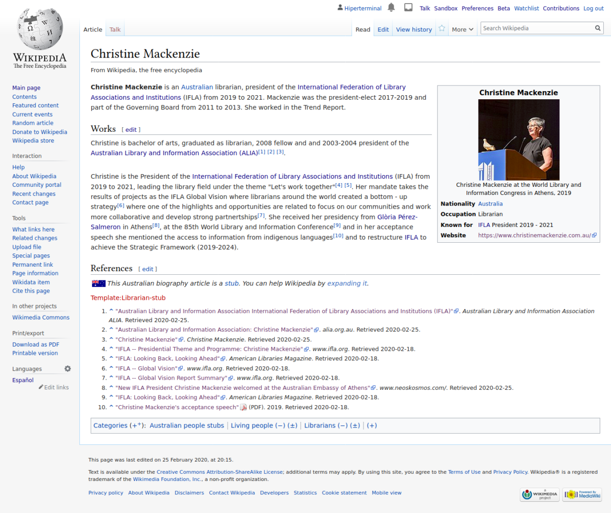 Captura de pantalla de la creación del artículo en Wikipedia de Christine Mackenzie